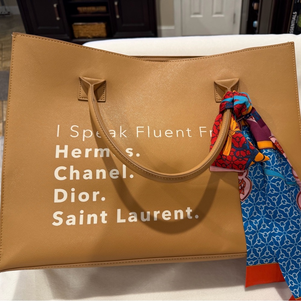 Tan Statement Tote Bag with Colorful Scarf